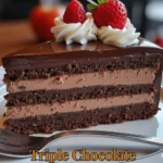 Delicious Triple Chocolate Mousse Cake layered with rich chocolate, perfect for any occasion.