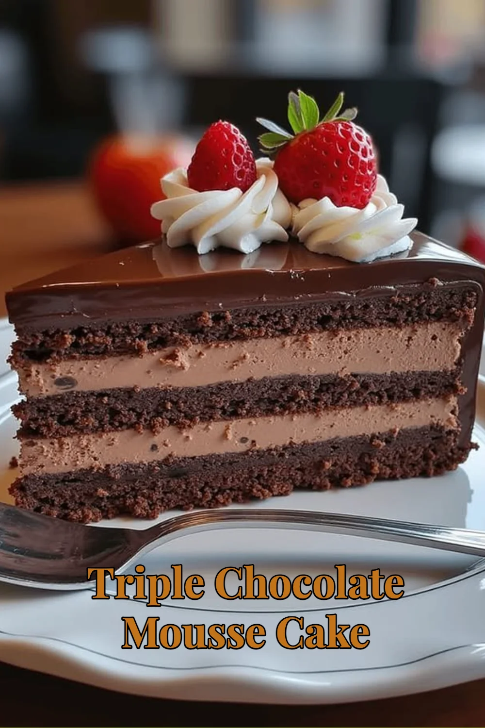 Delicious Triple Chocolate Mousse Cake layered with rich chocolate, perfect for any occasion.