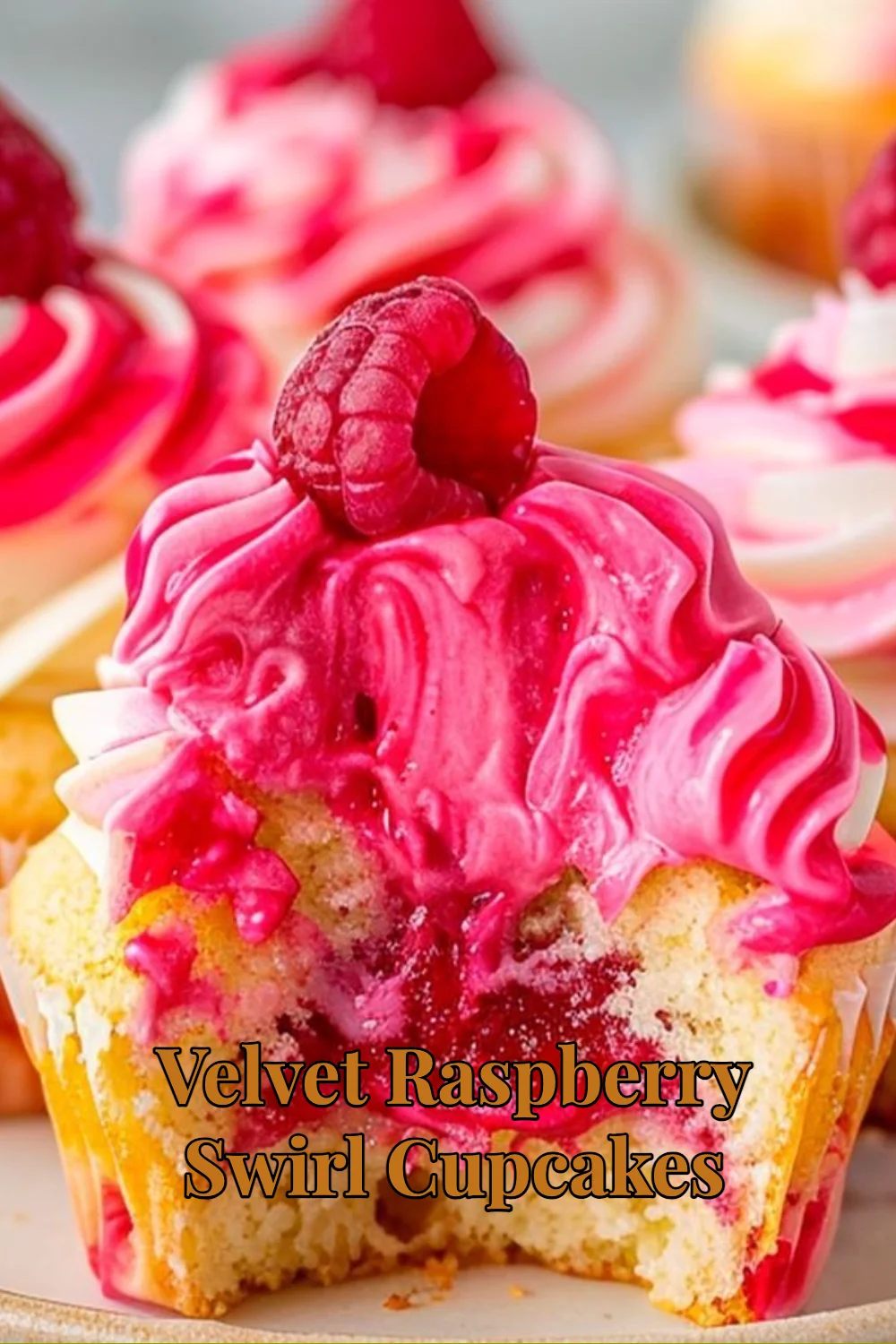 Velvet Raspberry Swirl Cupcakes with vibrant raspberry topping