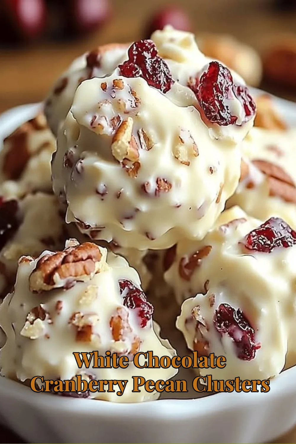White chocolate cranberry pecan clusters ready to enjoy as a sweet treat.
