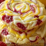 Freshly baked white chocolate lemon raspberry cookies decorated with raspberries.