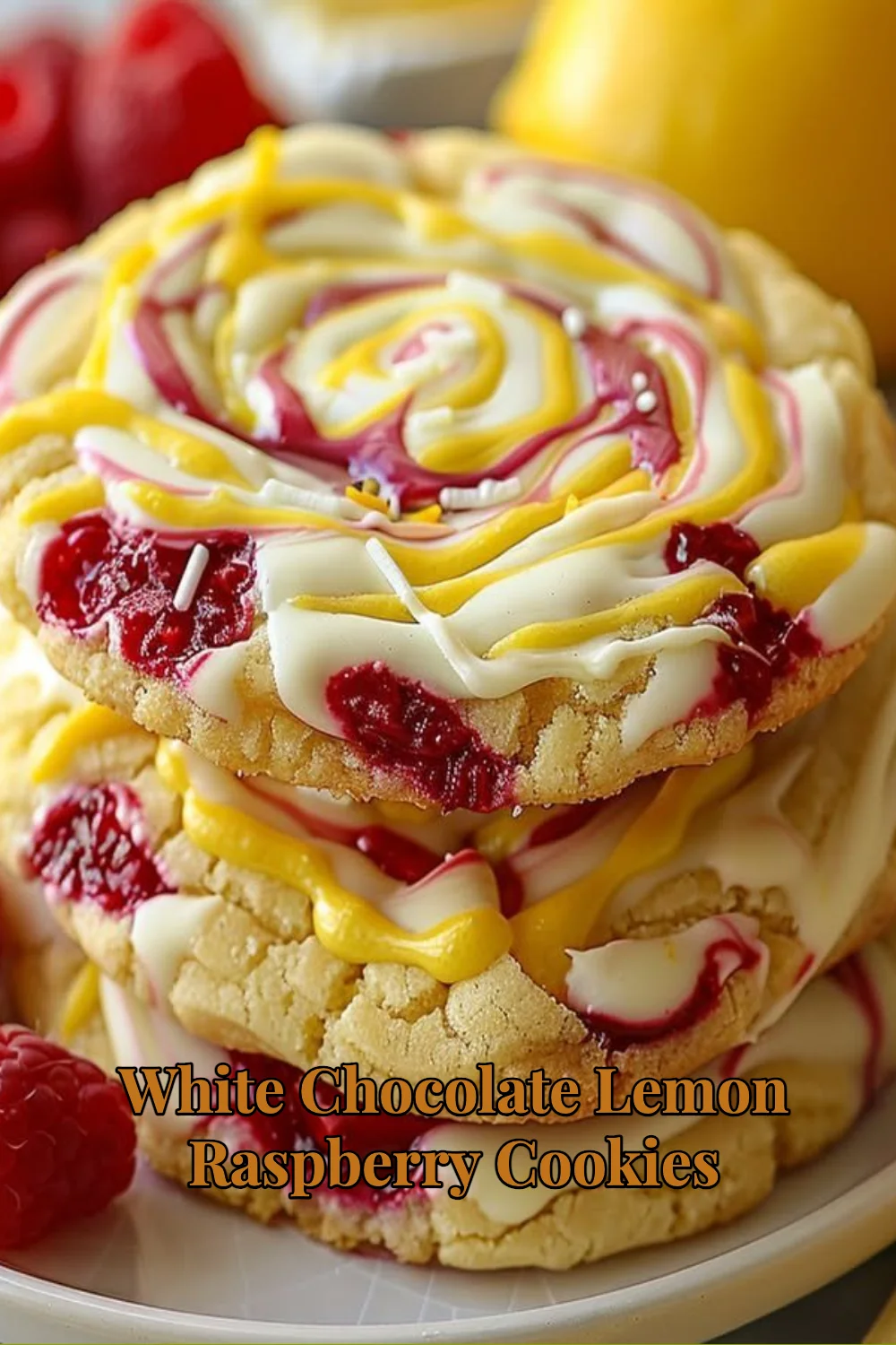 Freshly baked white chocolate lemon raspberry cookies decorated with raspberries.