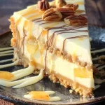 Delicious white chocolate pineapple pecan cheesecake on a plate