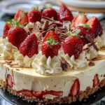 Delicious White Chocolate Strawberry Cheesecake with fresh strawberries