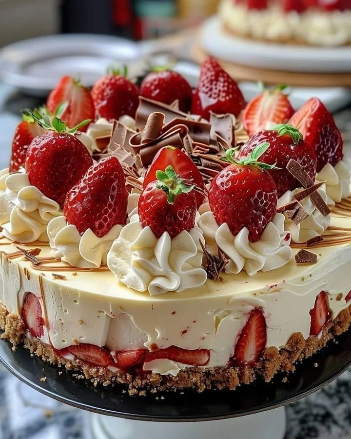Delicious White Chocolate Strawberry Cheesecake with fresh strawberries