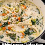 Bowl of White Lasagna Chicken Soup topped with fresh herbs and cheese