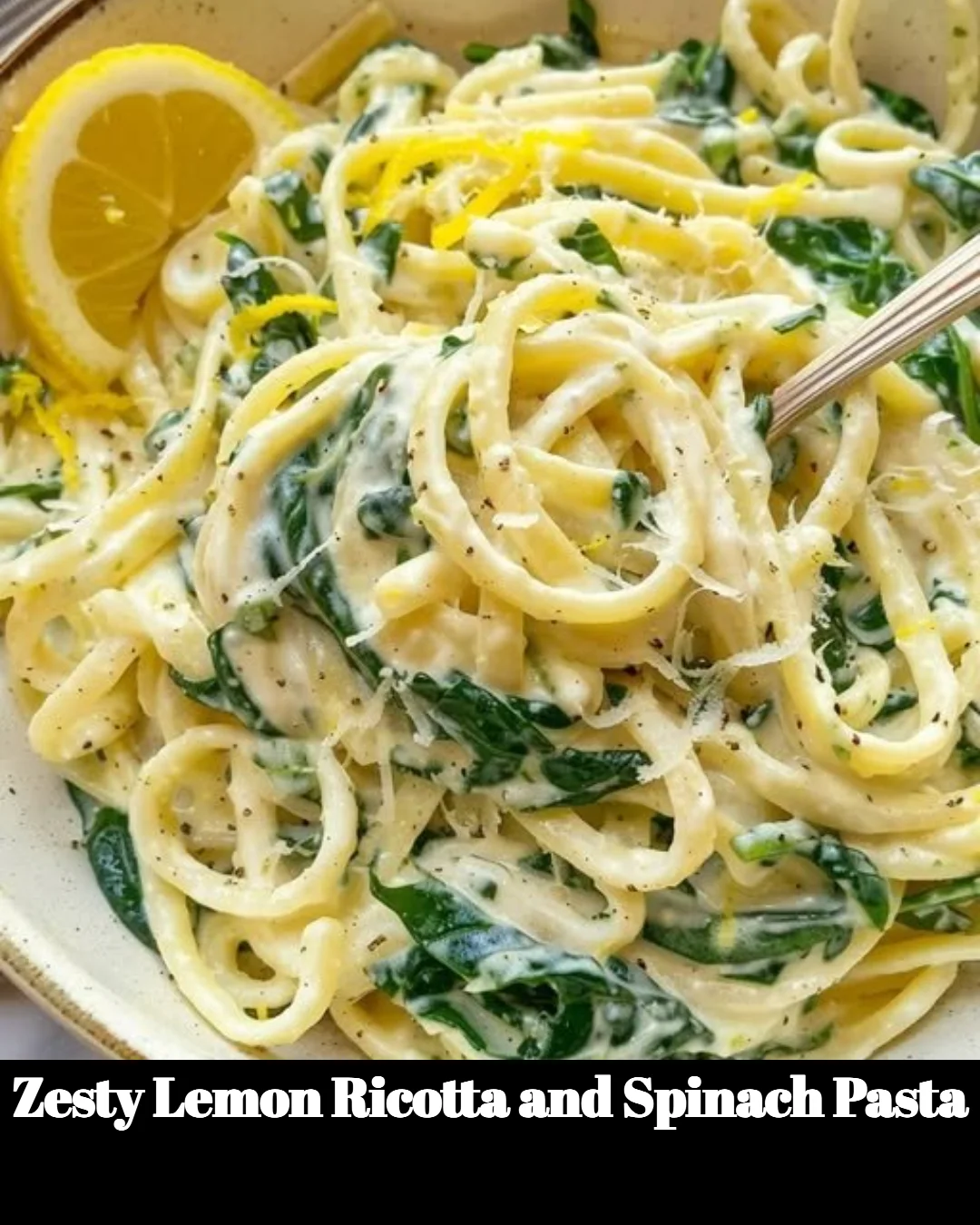 Zesty lemon ricotta and spinach pasta garnished with fresh herbs