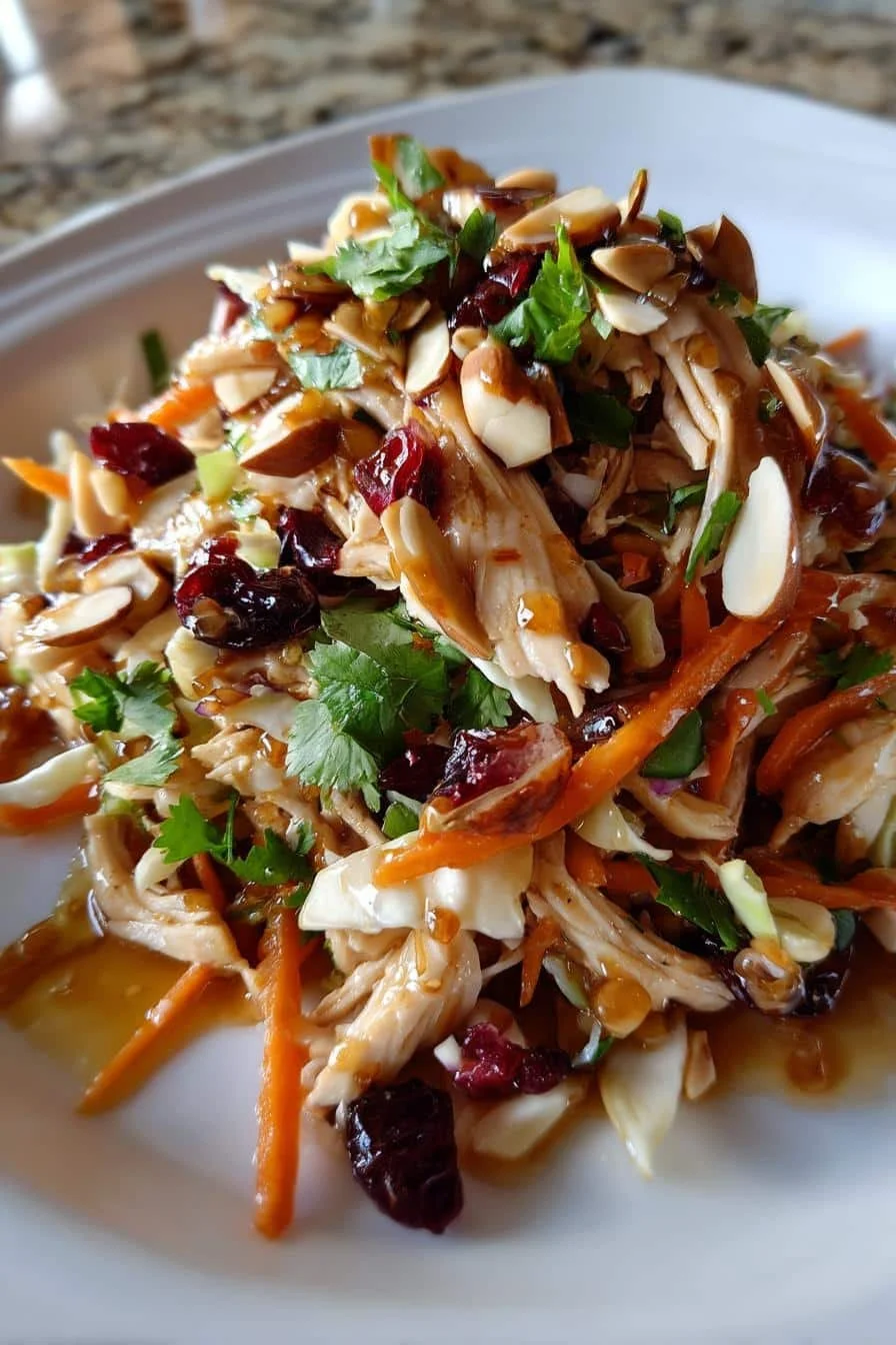 Bowl of Asian Chicken Cranberry Salad with fresh ingredients and vibrant colors