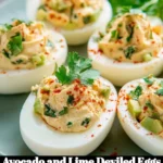 Avocado and Lime Deviled Eggs served on a platter, garnished with lime wedges.