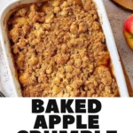 Delicious baked apple crumble topped with a golden oat crust in a rustic dish