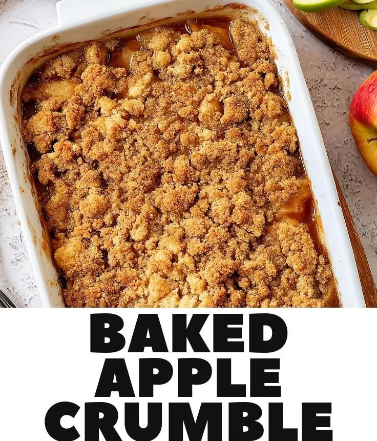 Delicious baked apple crumble topped with a golden oat crust in a rustic dish