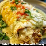 Baked chicken burritos with cheesy green chili sauce ready to serve