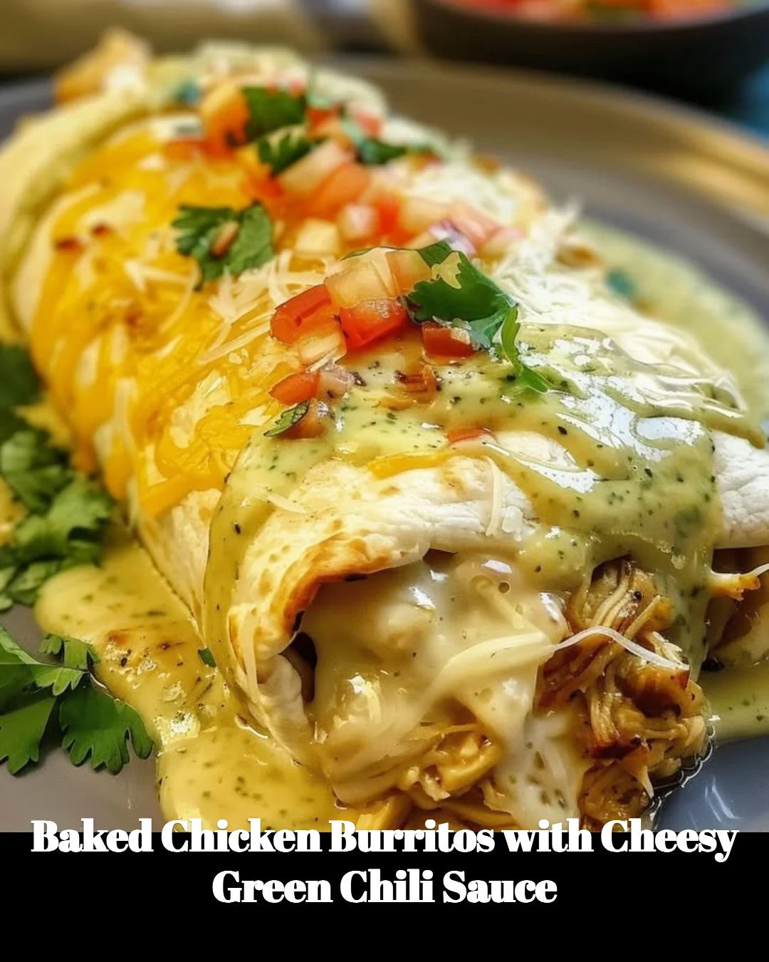 Baked chicken burritos with cheesy green chili sauce ready to serve