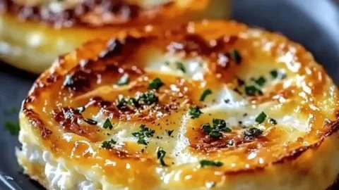 Delicious baked cottage cheese eggs in a white dish garnished with herbs