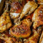 Baked lemon butter chicken served with garnish on a plate