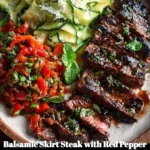 Balsamic skirt steak served with red pepper relish and zucchini salad.