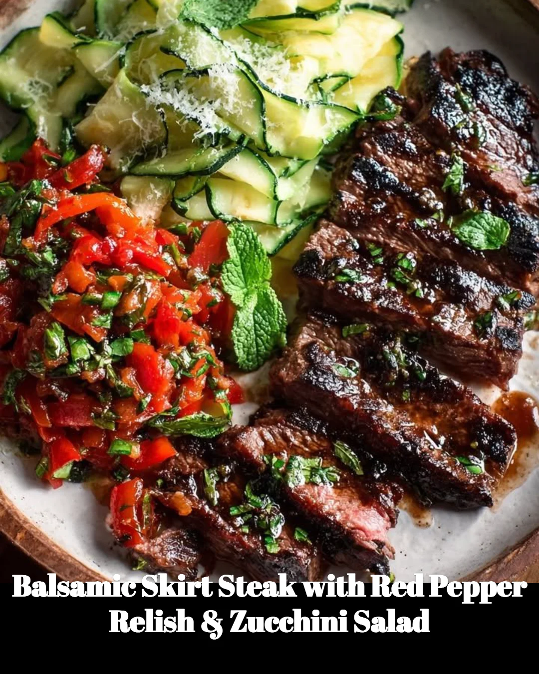 Balsamic skirt steak served with red pepper relish and zucchini salad.