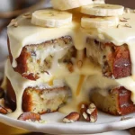 Delicious banana cake topped with cream cheese frosting on a rustic wooden table.