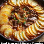 Delicious beef stew topped with creamy mashed potatoes, perfect for a hearty meal.