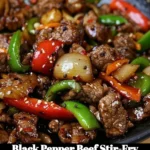 Savory black pepper beef stir-fry served with colorful vegetables.