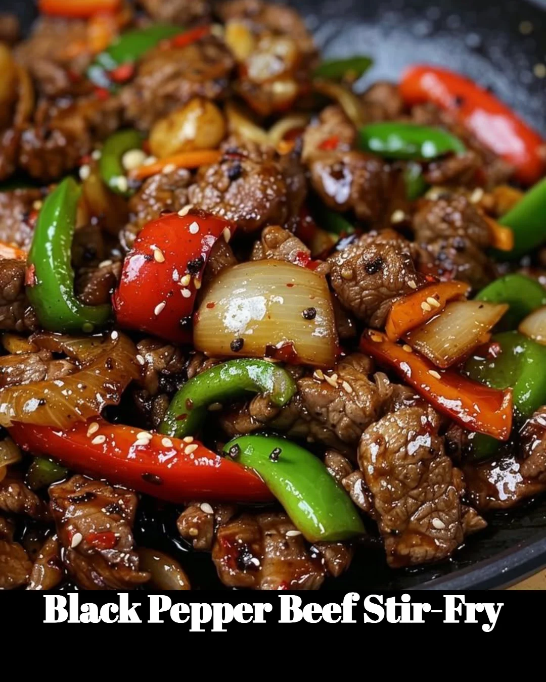 Savory black pepper beef stir-fry served with colorful vegetables.