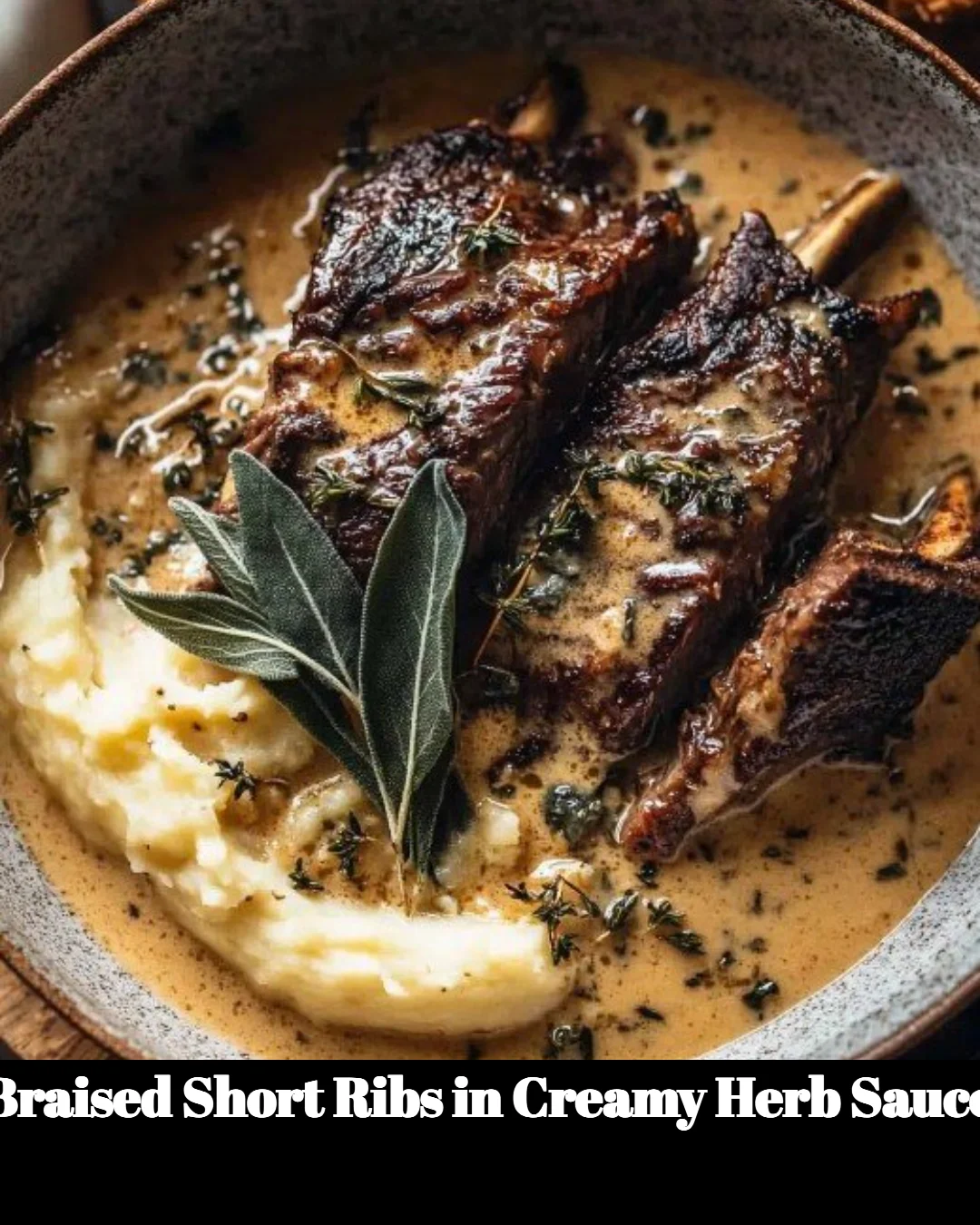 Delicious braised short ribs in creamy herb sauce carefully plated.