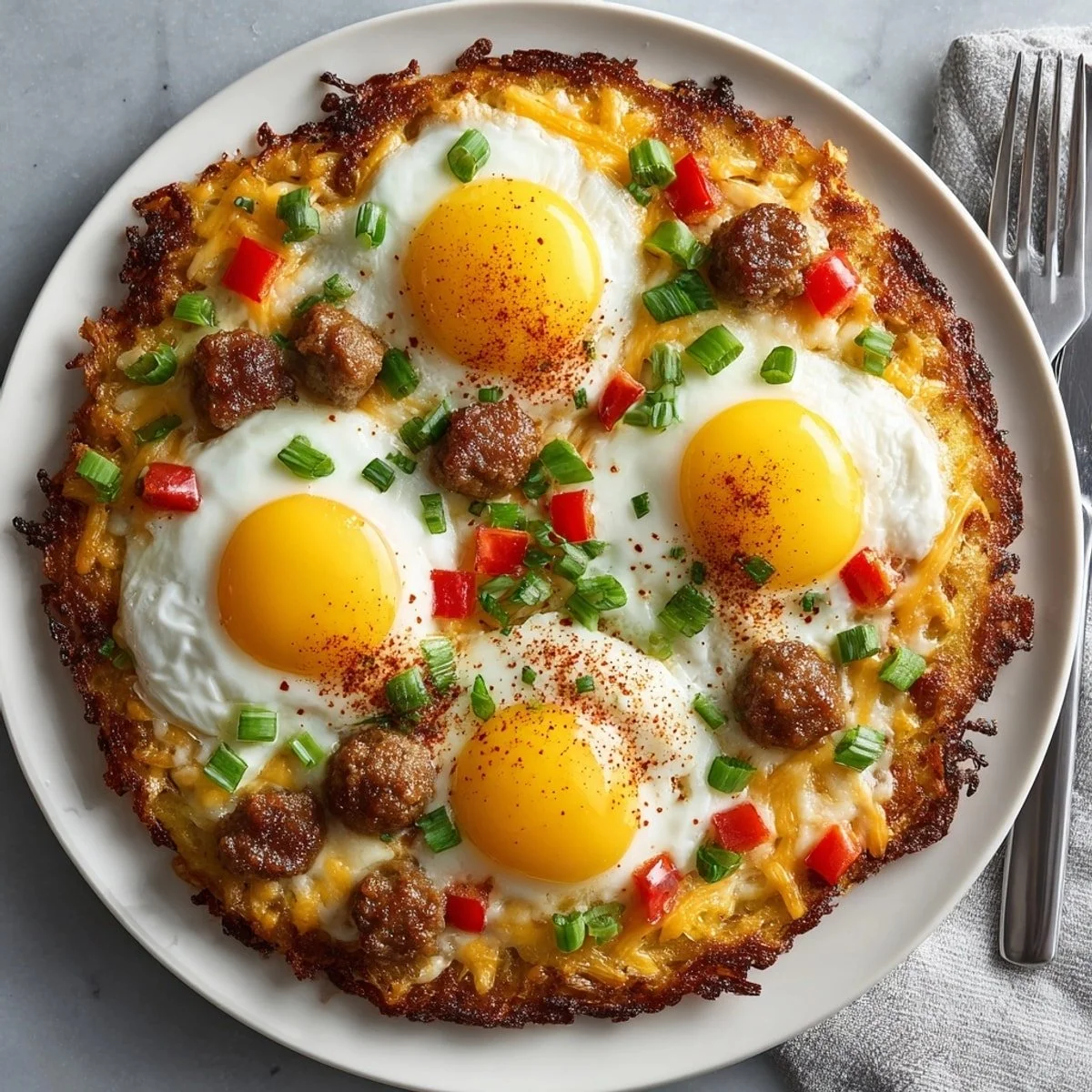 Delicious breakfast pizza topped with eggs, cheese, and fresh ingredients.