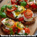 Burrata and basil bruschetta with juicy tomatoes on a rustic wooden board.
