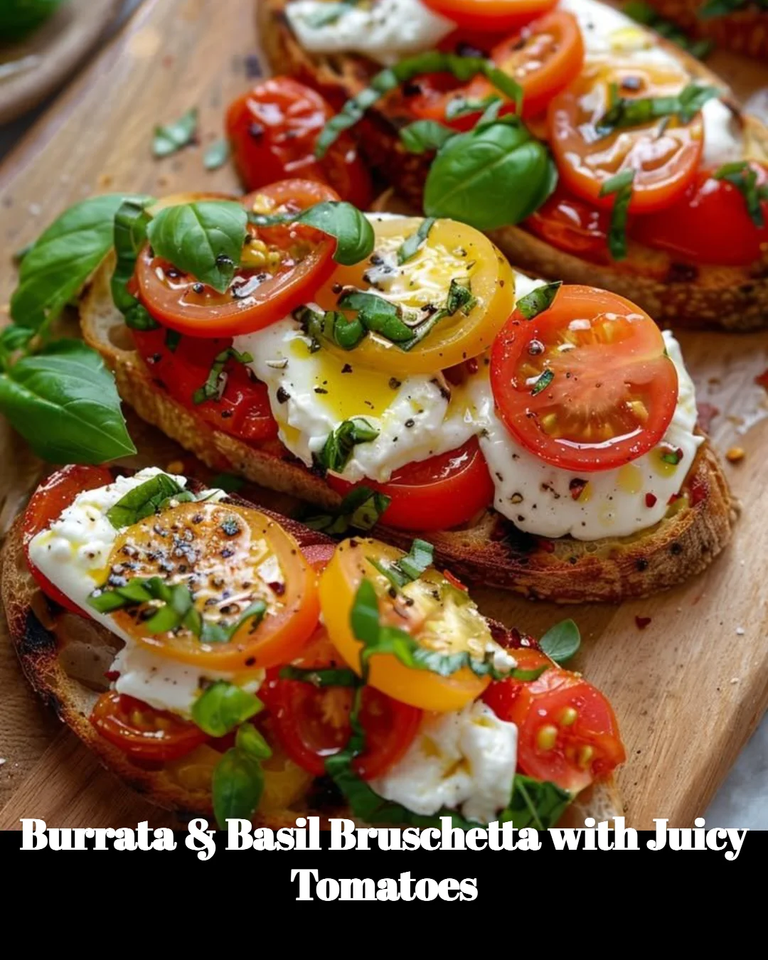 Burrata and basil bruschetta with juicy tomatoes on a rustic wooden board.