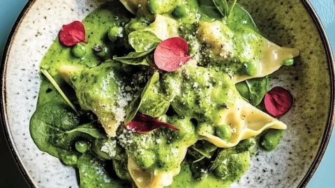 Cacio e Pepe Salad with Peas and Greens in a bowl