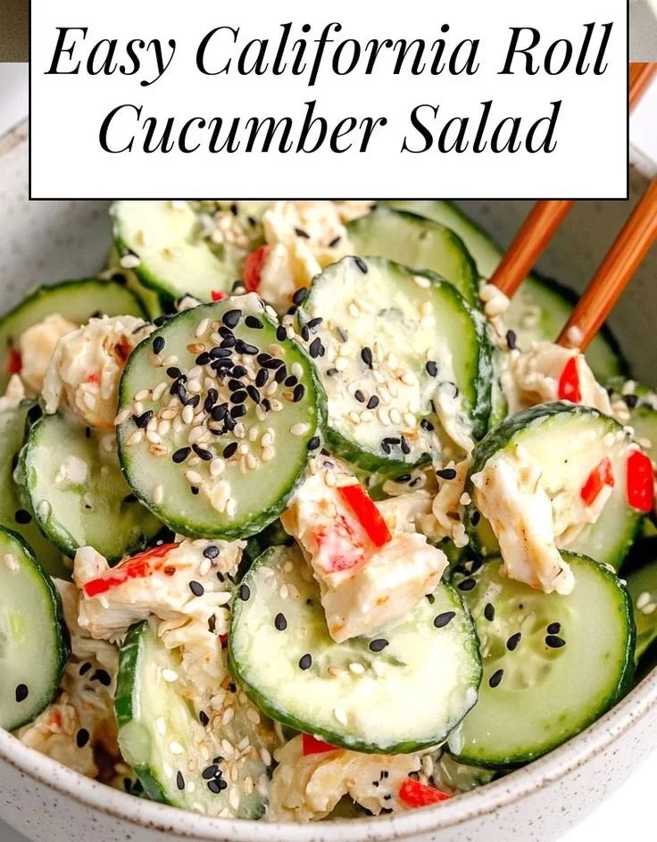 California Roll Cucumber Salad with avocado and cucumber slices