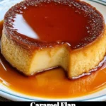Delicious caramel flan dessert topped with a glossy caramel layer.