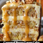 Delicious Caramel Pecan Layer Cake with caramel drizzle and pecans on top.