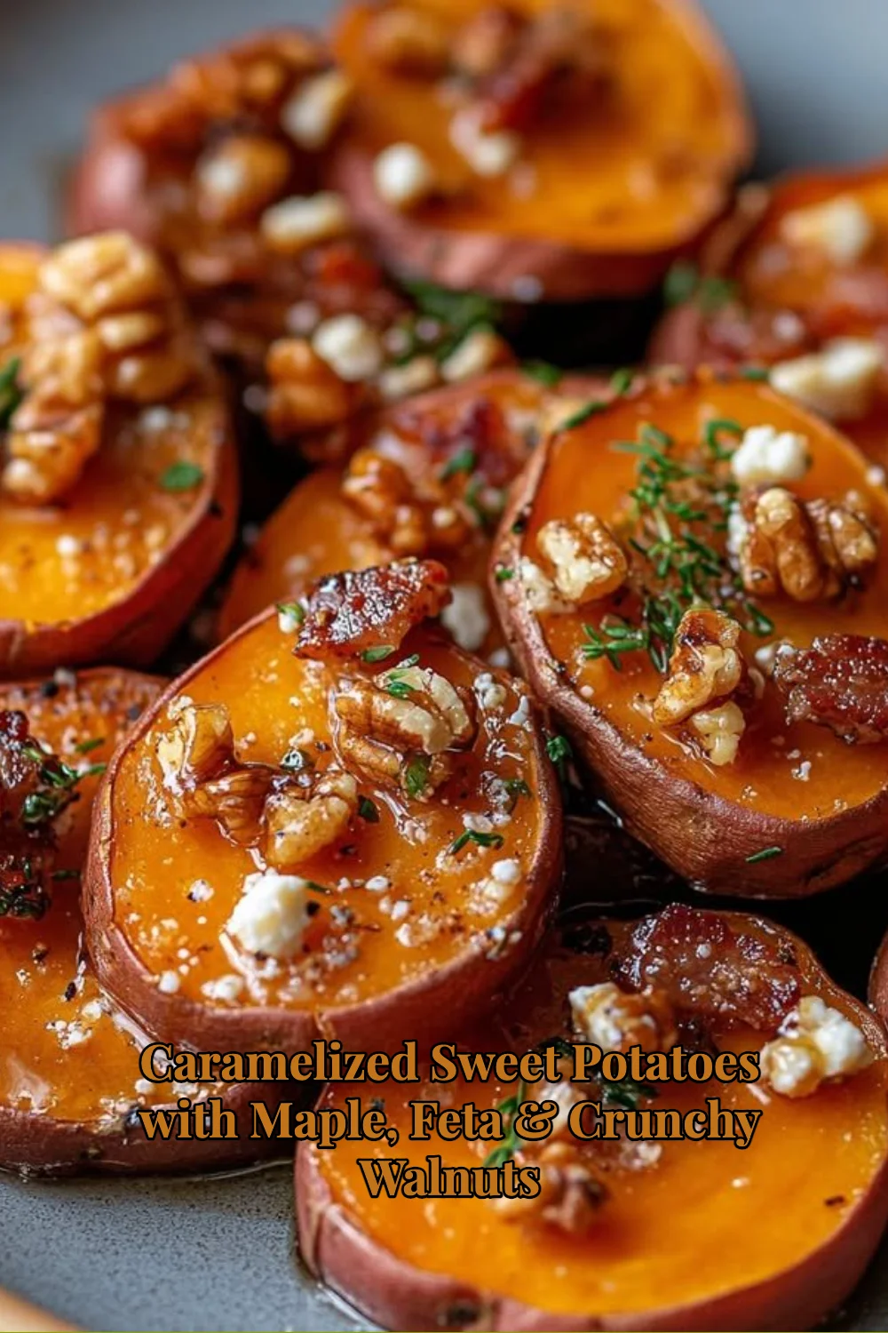 Caramelized sweet potatoes with maple syrup, feta cheese, and crunchy walnuts