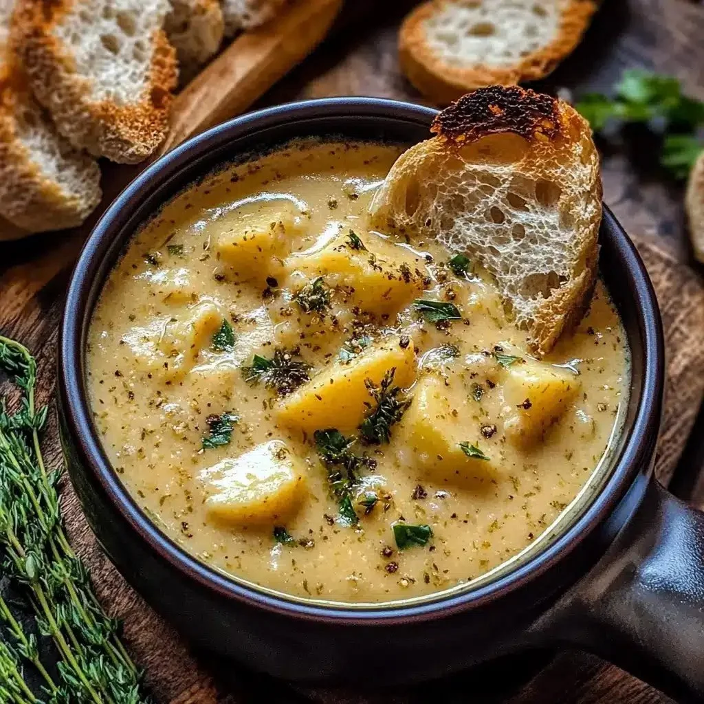 Bowl of Cheddar Garlic Herb Potato Soup garnished with herbs and cheese