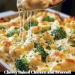 Cheesy baked chicken with broccoli Alfredo pasta served on a plate
