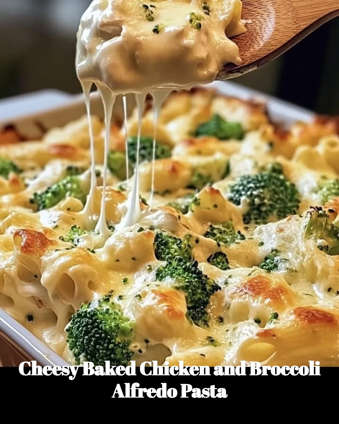 Cheesy baked chicken with broccoli Alfredo pasta served on a plate