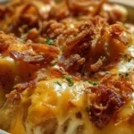 Cheesy Mississippi Mud Potatoes served in a casserole dish
