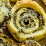 Cheesy spinach artichoke swirls served on a platter with garnish.