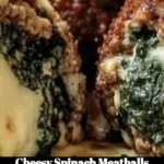 Cheesy spinach meatballs served with marinara sauce and garnished with fresh herbs.