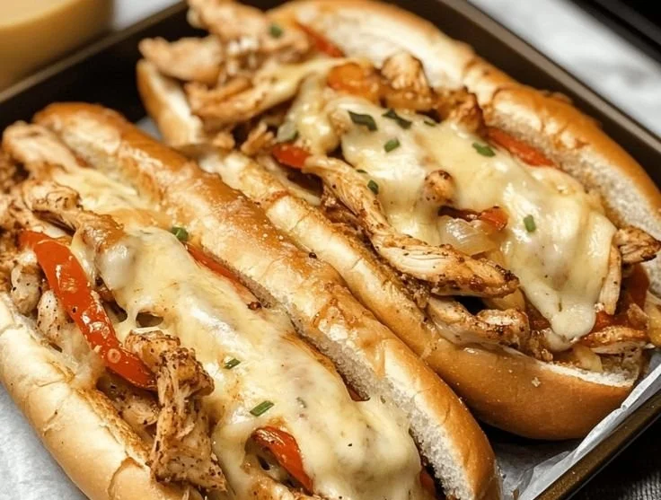 Delicious Chicken Philly Cheese Steaks served with melted cheese and bell peppers