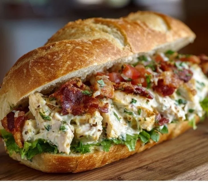 Chopped Chicken Bacon Ranch Sandwich with crispy bacon and ranch dressing
