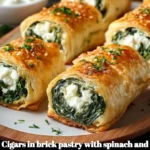 Cigars in brick pastry with spinach and goat cheese served on a platter.