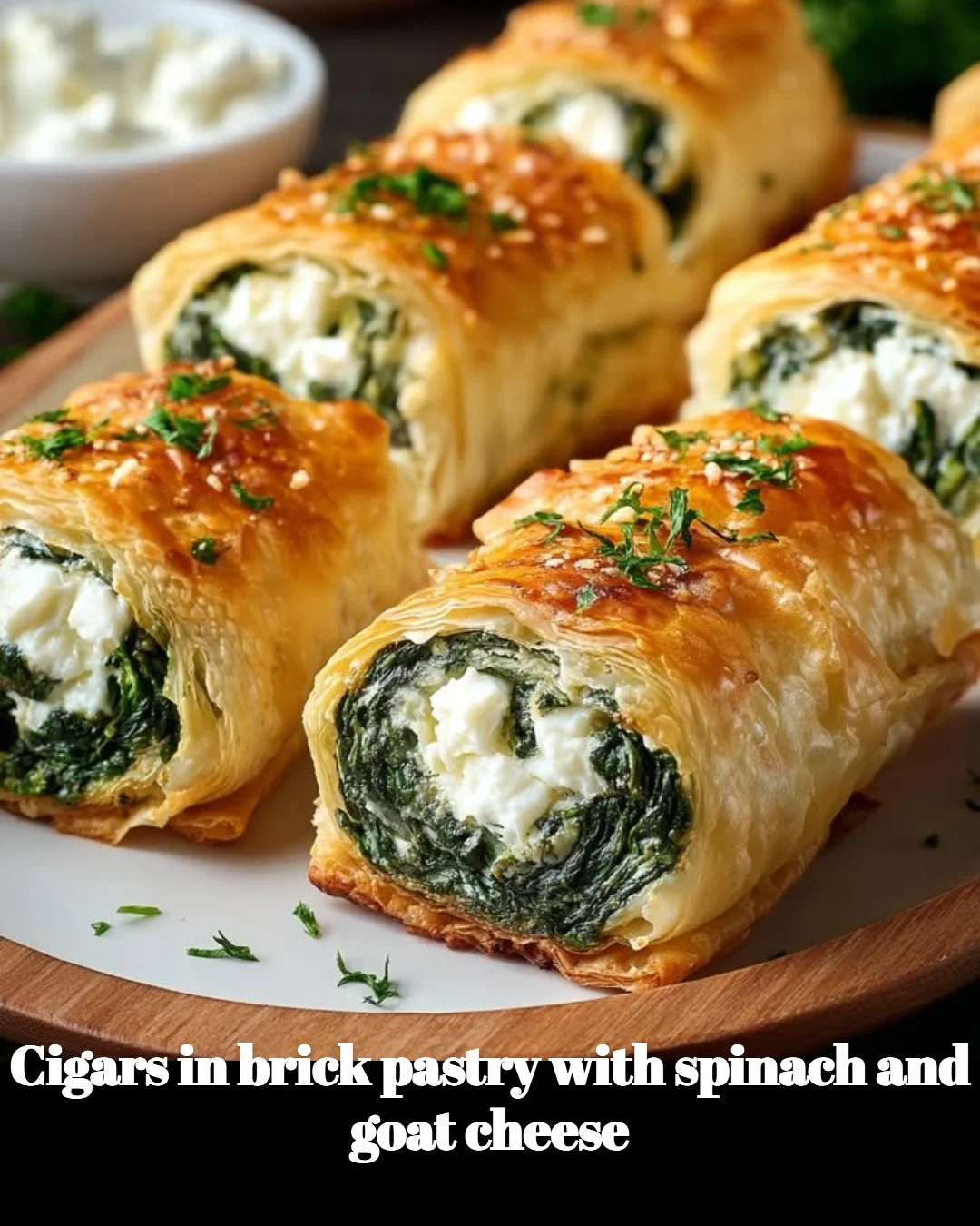 Cigars in brick pastry with spinach and goat cheese served on a platter.
