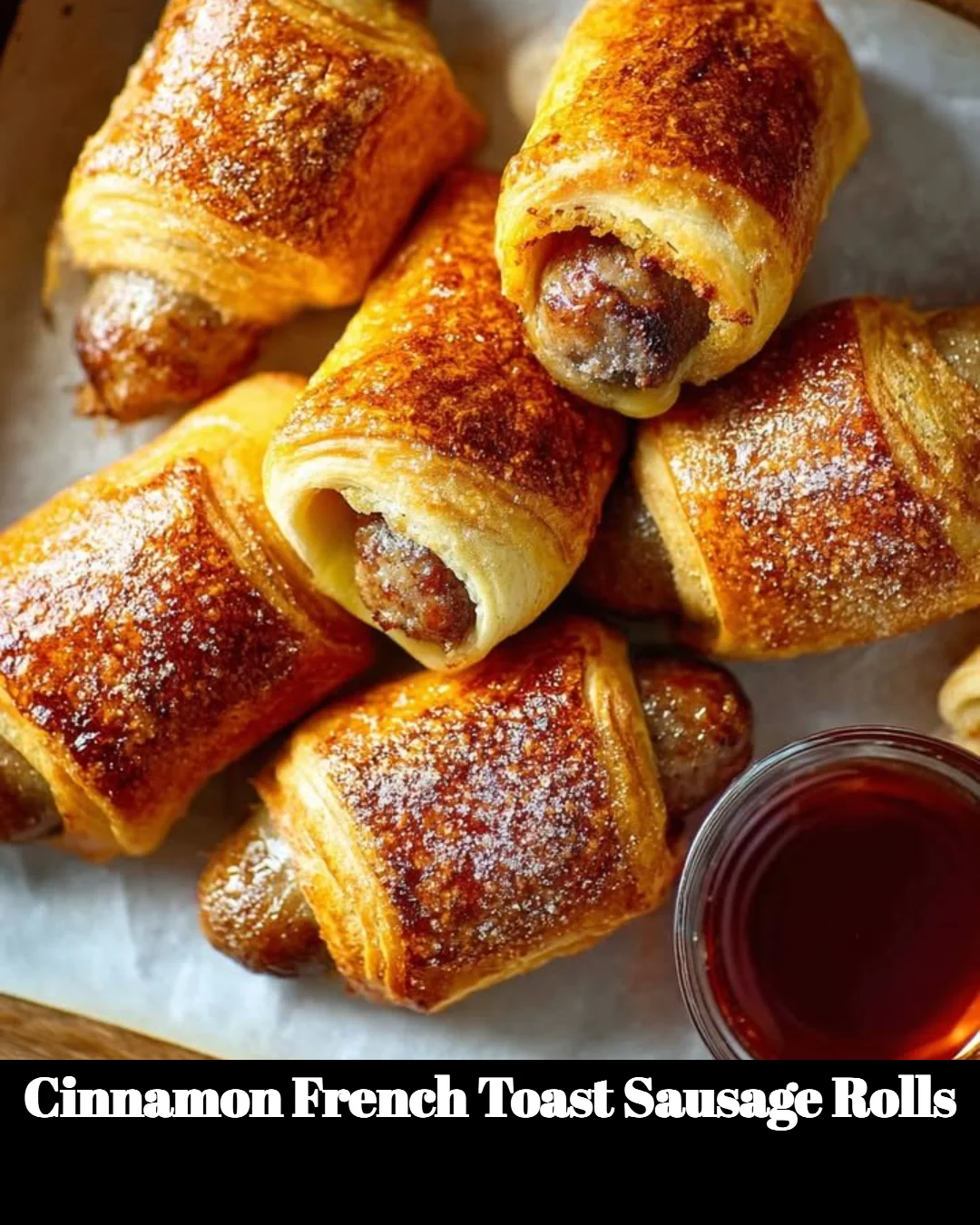 Cinnamon French Toast Sausage Rolls with a sprinkle of cinnamon and syrup
