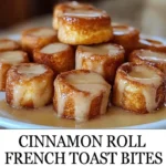 Plate of delicious cinnamon roll french toast bites topped with icing.