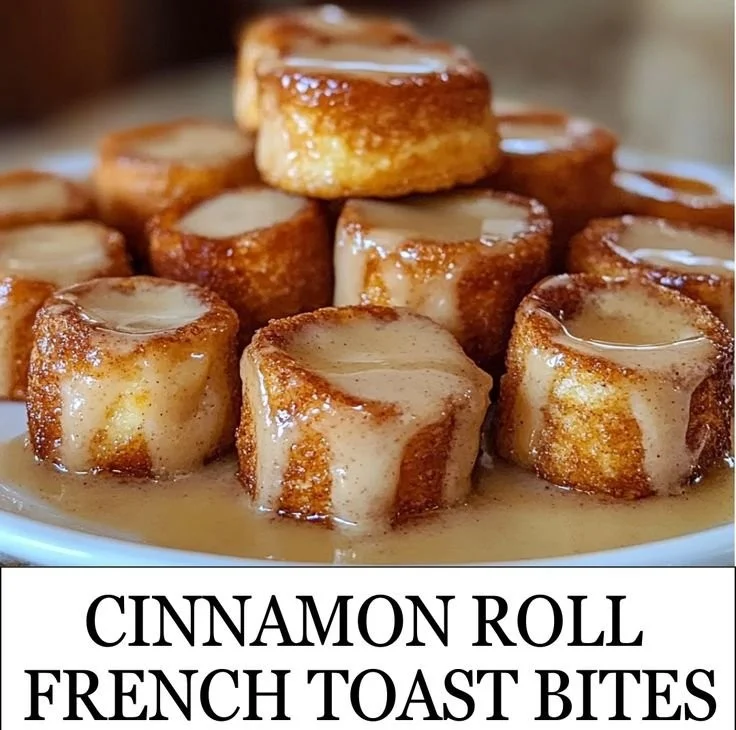 Plate of delicious cinnamon roll french toast bites topped with icing.