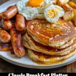 Classic breakfast platter with eggs, bacon, toast, and fresh fruit served on a plate.