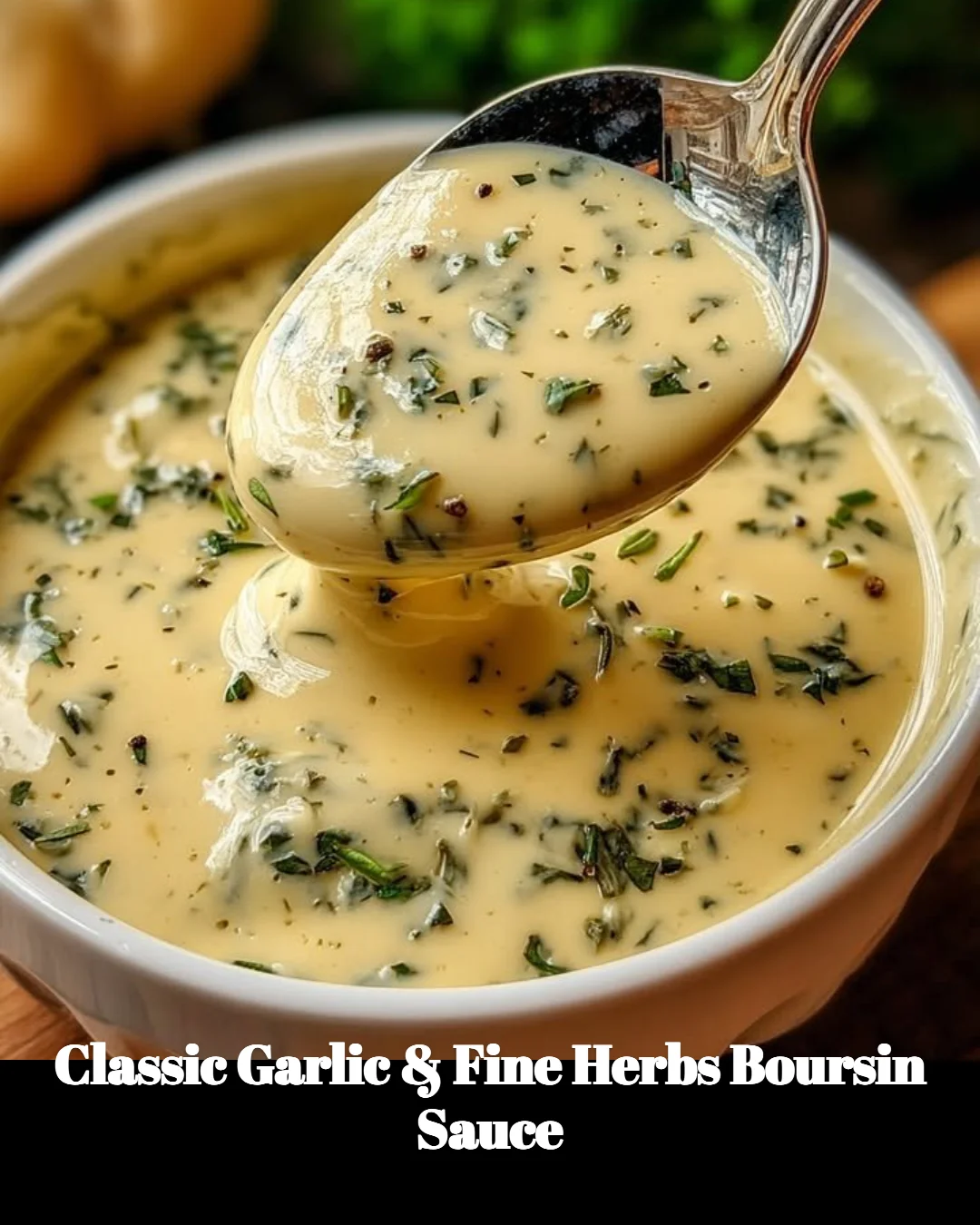 Classic Garlic & Fine Herbs Boursin Sauce served with fresh vegetables.