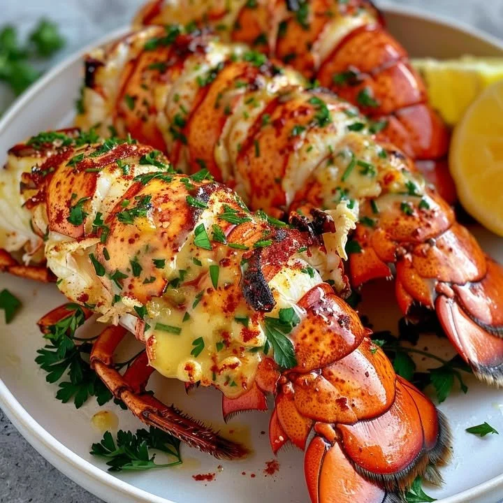 Delicious cowboy butter lobster tails recipe served on a plate.
